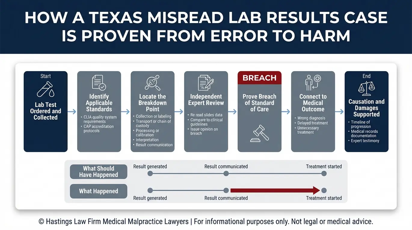 Process flowchart showing how a Texas Misread Lab Results Lawyer proves standard of care breach expert review causation timeline and resulting medical harm.