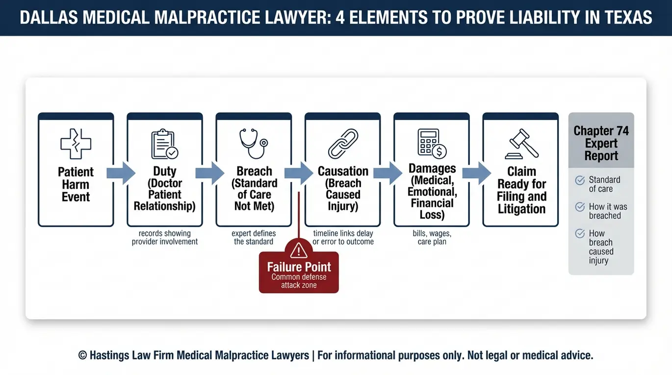 Flowchart showing how a Dallas medical malpractice lawyer proves duty, breach, causation, and damages under Texas Chapter 74 expert report rules.