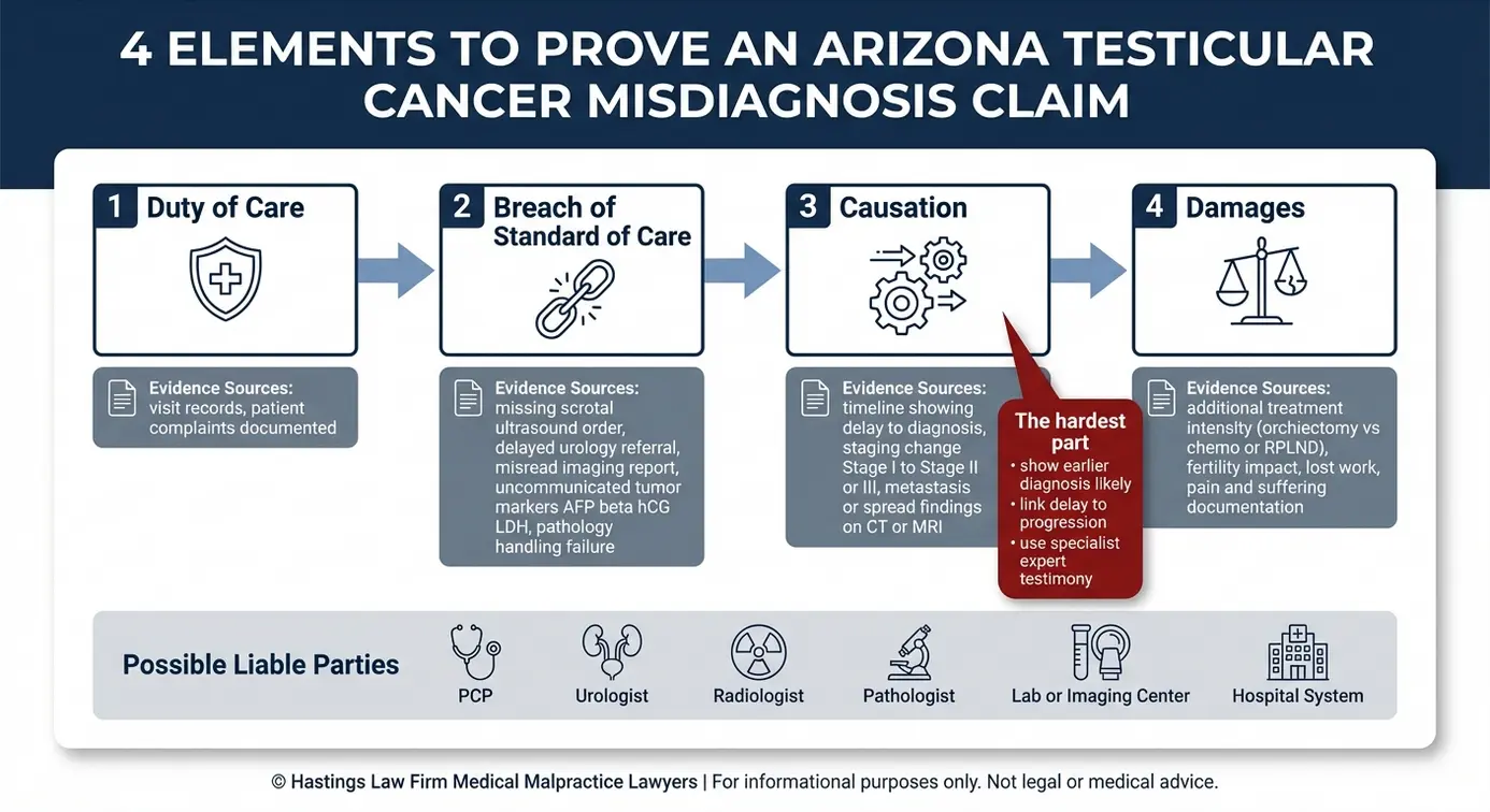 Diagrama de flujo de la causalidad del incumplimiento del deber y las pruebas de daños y perjuicios que utiliza un abogado especializado en casos de diagnóstico erróneo de cáncer testicular en Arizona para demostrar la negligencia médica.