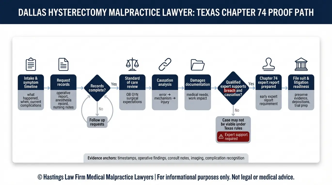 Diagrama de flujo que explica el Texas Capítulo 74 proceso de prueba de un abogado de Dallas histerectomía negligencia sigue incluyendo registros de revisión estándar de atención daños causalidad y los puntos de decisión requeridos informe pericial.