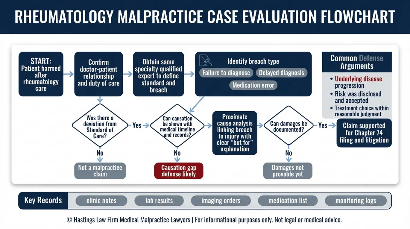 Diagrama de flujo del proceso para un abogado especializado en negligencia médica de reumatólogos según el modelo Texas, en el que se explica cómo se demuestran el deber, el incumplimiento del estándar de atención, el testimonio pericial, la causa inmediata y los daños y perjuicios en virtud del Capítulo 74 del modelo Texas.