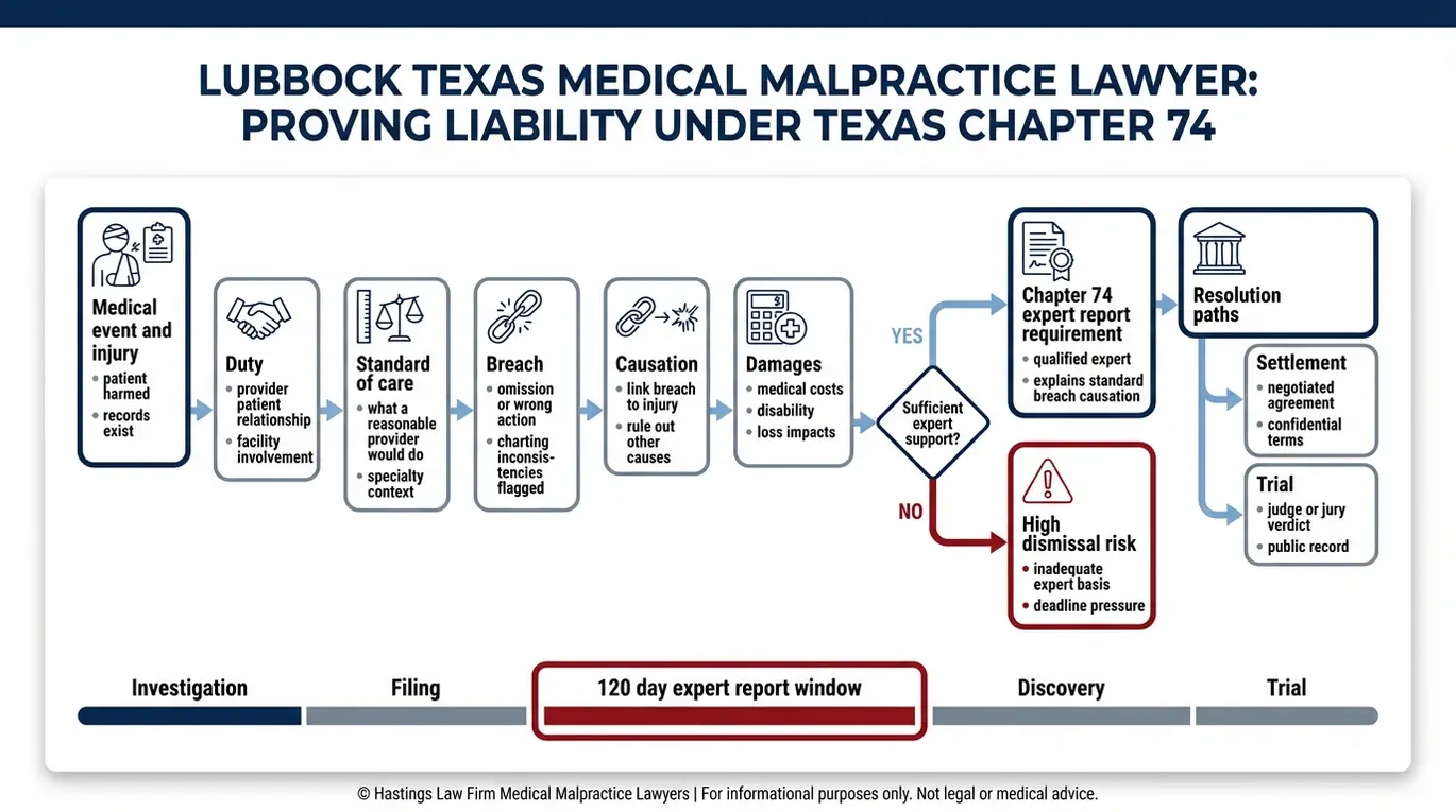 Diagrama de flujo que explica cómo un abogado especializado en negligencia médica de Lubbock, en el marco de la Ley de Responsabilidad Médica Texas, demuestra el deber, el incumplimiento, la causalidad, los daños y perjuicios, y el requisito del informe pericial del Capítulo 74.