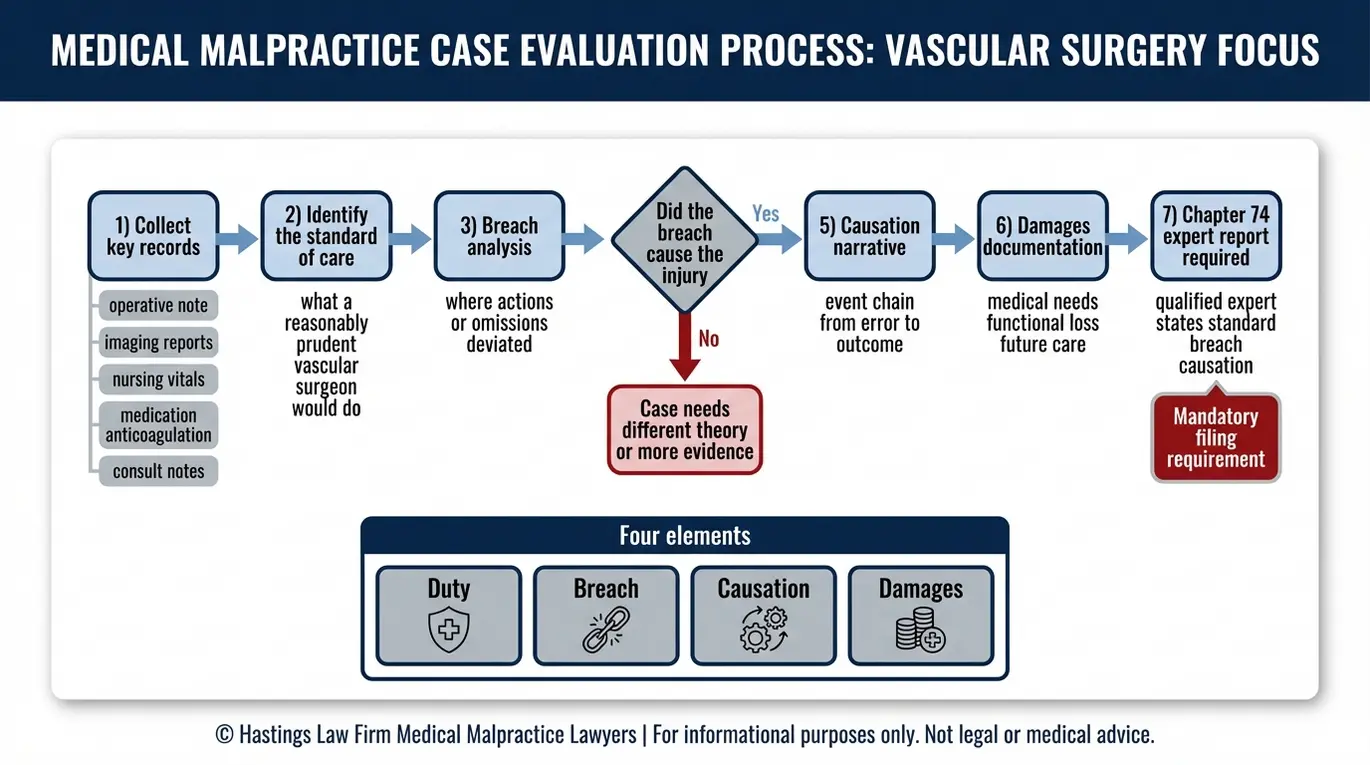 Diagrama de flujo que explica cómo un abogado especializado en negligencia médica de cirujanos vasculares Texas demuestra el incumplimiento del deber, la causalidad y los daños, incluyendo el requisito del informe pericial del Capítulo 74.