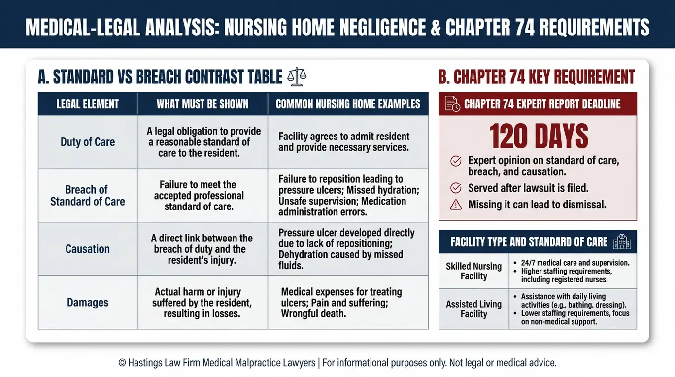 Comparison chart explaining duty breach causation and damages plus the Chapter 74 expert report timeline for a Texas Nursing Home Abuse Lawyer case.