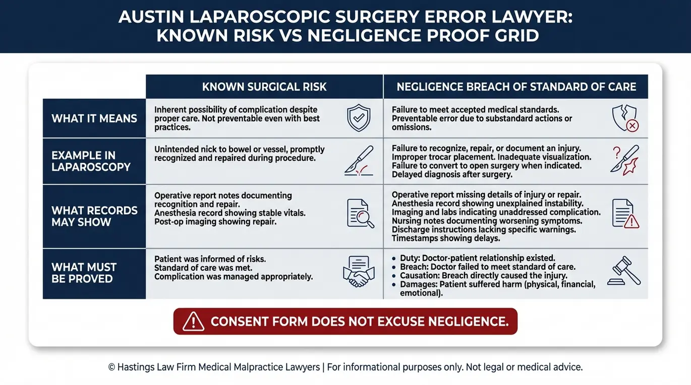 Cuadro comparativo para un Abogado de Austin de Error de Cirugía Laparoscópica explicando riesgo quirúrgico conocido versus negligencia con ejemplos registros de evidencia y elementos legales a probar.