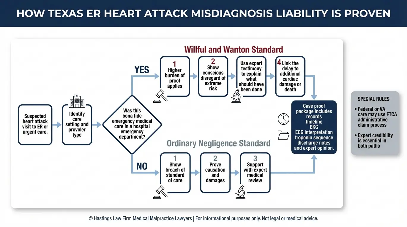 Diagrama de flujo del proceso que explica cómo un abogado de Texas Heart Attack Misdiagnosis Lawyer prueba la responsabilidad de ER bajo los estándares de negligencia ordinaria frente a los de premeditación y alevosía.