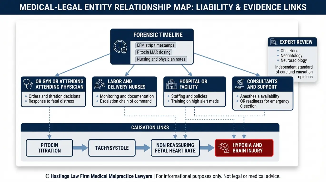 Entity map showing how electronic fetal monitoring strips and medication records connect staff and hospital responsibility in a Texas Pitocin Overuse Malpractice Lawyer liability investigation.