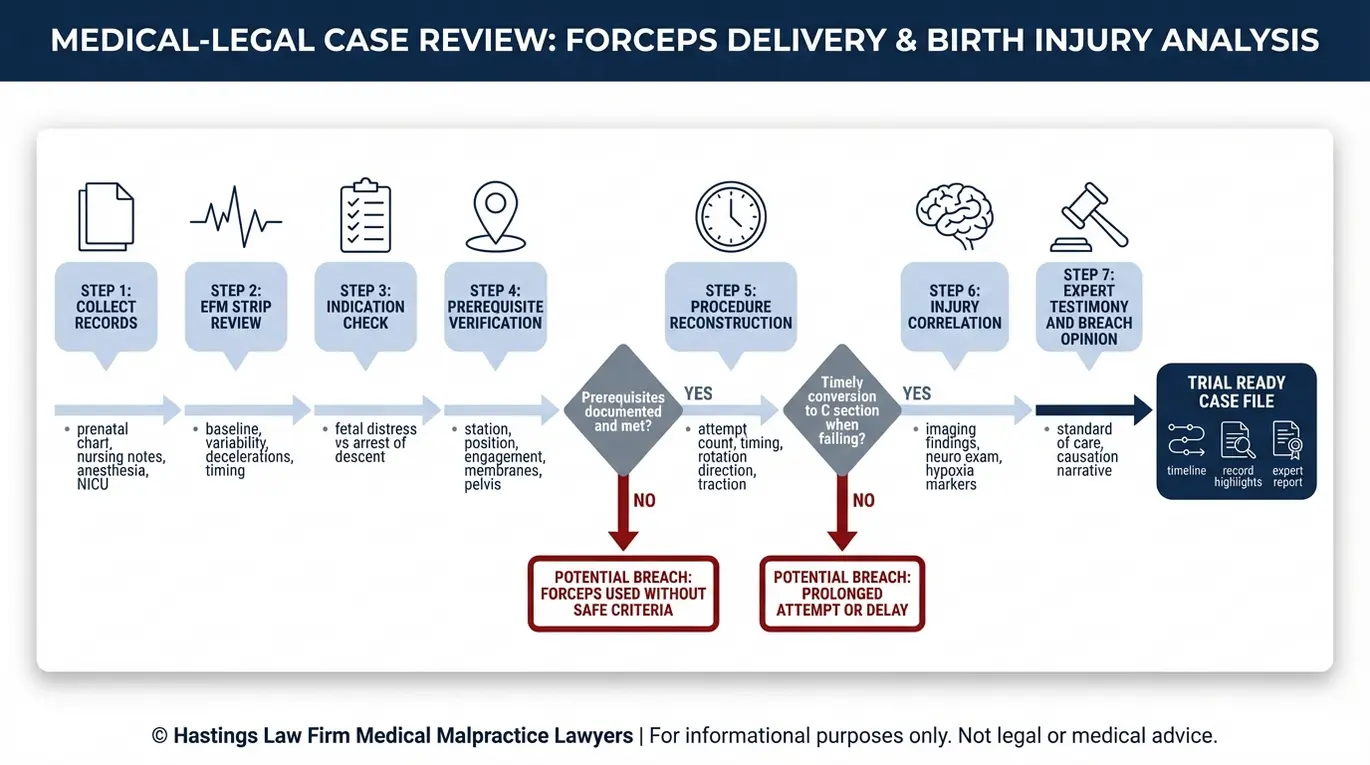 Process flowchart showing how a Texas Rotational Forceps Birth Injury Lawyer proves liability using fetal heart rate monitoring strips operative notes prerequisite checks injury correlation and expert testimony.
