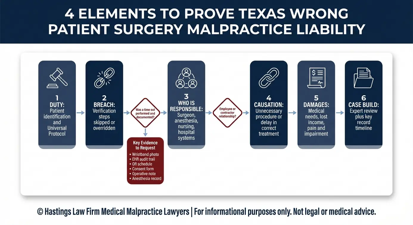 Flowchart showing how to prove Texas Wrong Patient Surgery Malpractice liability from duty and breach of Universal Protocol through causation, damages, and key medical record evidence.
