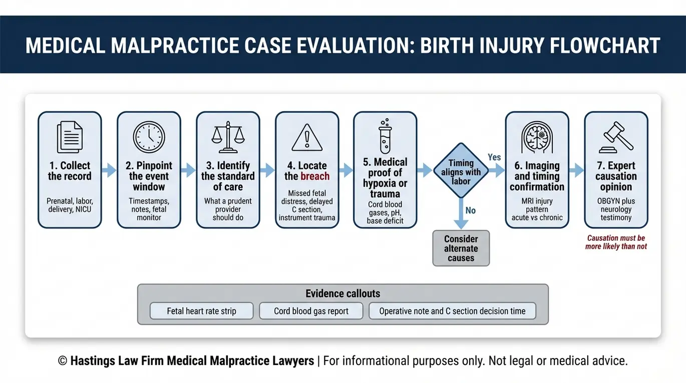 Process flowchart showing how a Texas Developmental Delay Birth Injury Lawyer proves causation using medical records, fetal monitoring timestamps, breach of standard of care, cord blood gas results, MRI timing, and expert testimony.