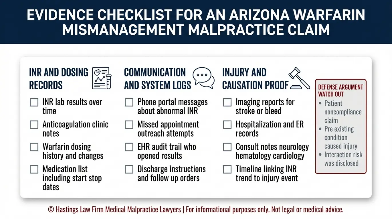 Checklist of records and proof needed to build causation and standard of care evidence in an Arizona Warfarin Mismanagement Lawyer case involving INR monitoring.