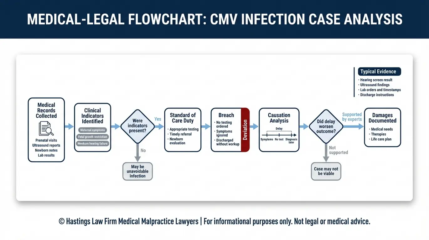 Process flowchart showing how a Texas missed congenital CMV lawyer proves duty breach causation and damages using medical records indicators expert review and evidence.