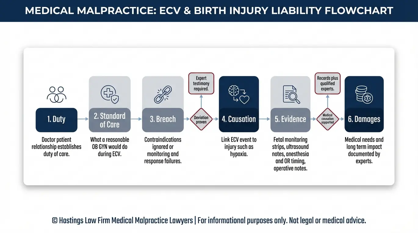 Diagrama de flujo que describe cómo un abogado especializado en complicaciones de la versión cefálica externa (VCE) en Arizona demuestra la causalidad del incumplimiento del deber y los daños y perjuicios en un caso de negligencia médica relacionado con la VCE.