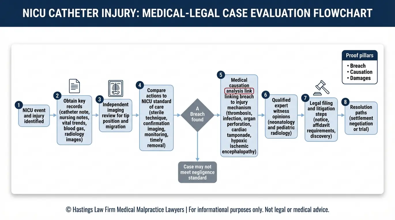 Process flowchart for an Arizona Umbilical Catheter Birth Injury Lawyer outlining how NICU umbilical catheter malpractice is proven using records imaging review standard of care breach expert witnesses and causation to injury.