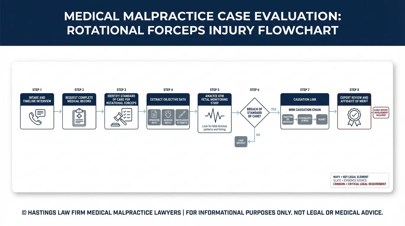 Process flowchart showing how an Arizona Rotational Forceps Birth Injury Lawyer proves malpractice using medical records EFM strip review expert testimony breach analysis and causation steps.