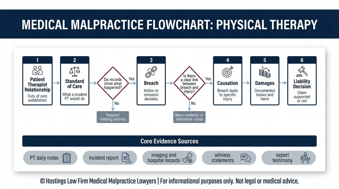 Diagrama de flujo para una consulta a un abogado especializado en negligencia profesional de fisioterapeutas en Arizona, en el que se describe cómo demostrar el incumplimiento del deber de diligencia, la causalidad y los daños, así como las pruebas clave, como las notas del fisioterapeuta y el testimonio de los peritos.
