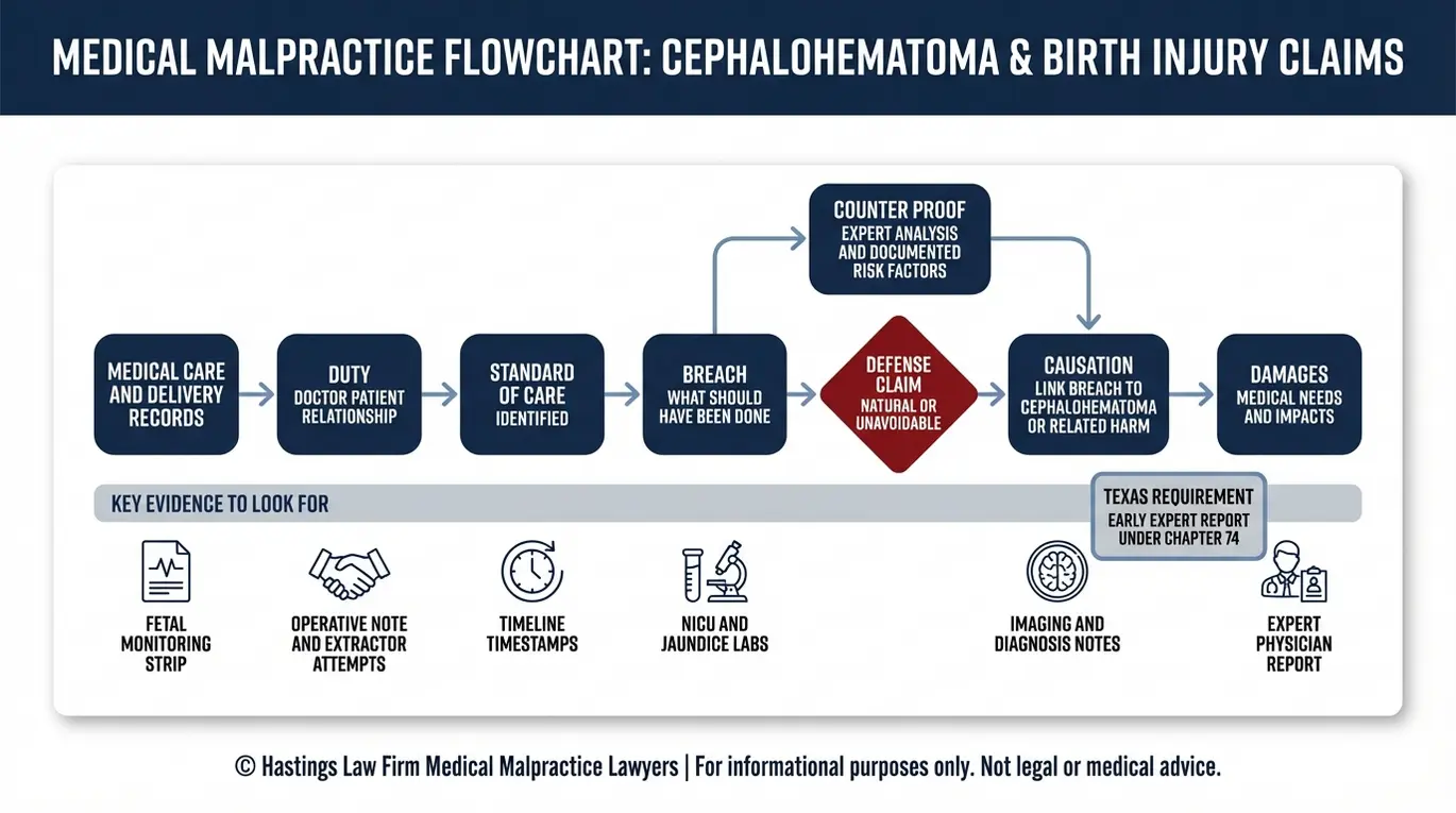 Process flowchart showing how a Texas Cephalohematoma Lawyer proves duty, standard of care, breach, causation, and damages with key medical record evidence and the Texas expert report requirement.