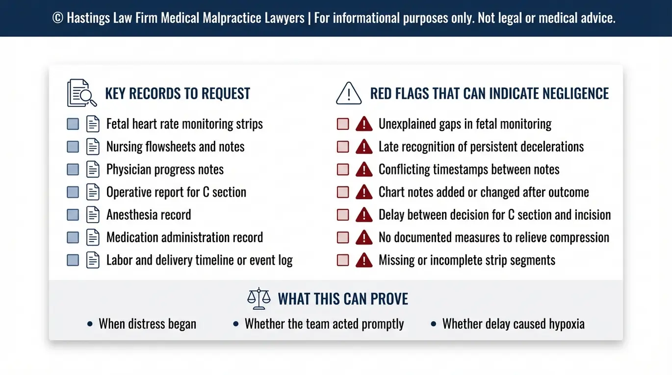 Warning checklist for proving umbilical cord prolapse negligence with key medical records to request and red flags like monitoring gaps and delayed surgery for a Texas Umbilical Cord Prolapse Negligence Lawyer inquiry.