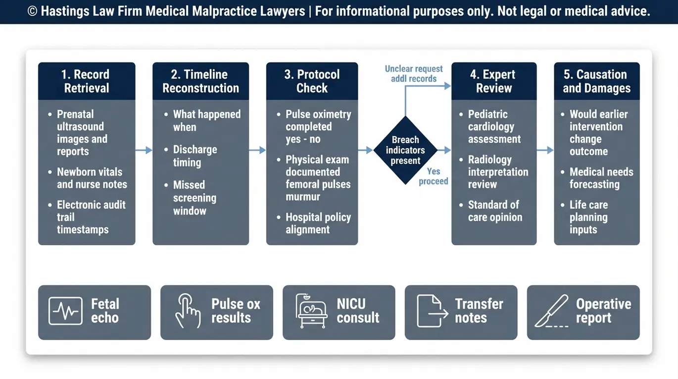 Diagrama de flujo para un abogado especializado en casos de diagnóstico erróneo de cardiopatías congénitas en bebés en Arizona, en el que se describen cinco etapas de investigación, desde la obtención de los expedientes y la reconstrucción de la cronología hasta la verificación de los protocolos, la revisión por parte de expertos y el análisis de causalidad.