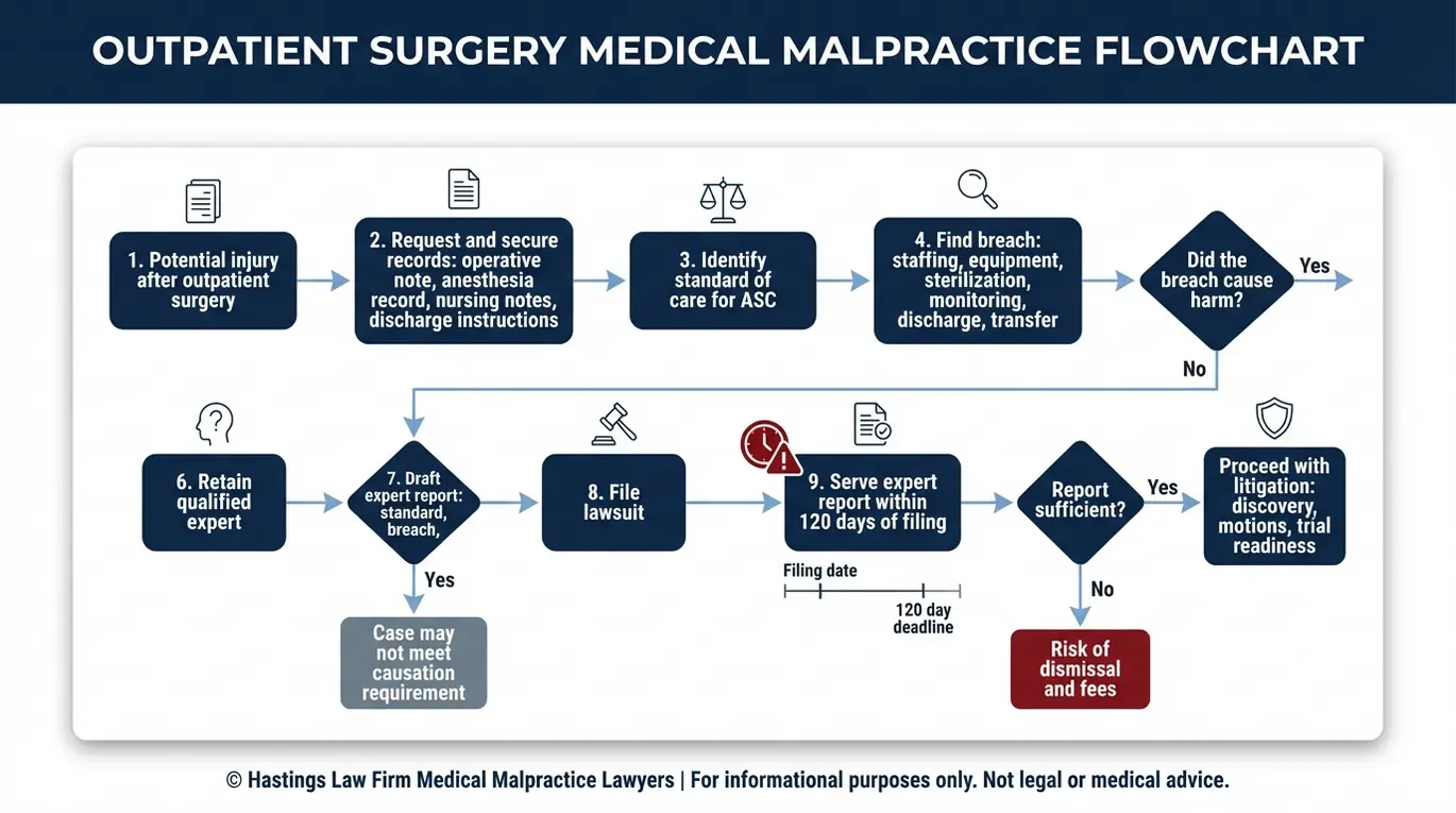 Diagrama de flujo que describe los pasos del informe pericial del Capítulo 74 de la ley Texas y el plazo de 120 días para presentar una demanda por negligencia profesional ante un abogado especializado en centros de cirugía ambulatoria Texas.