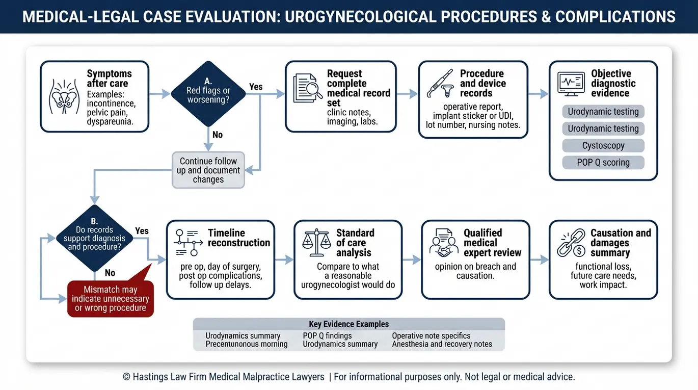 Diagrama de flujo que muestra cómo un abogado especializado en negligencia médica en uroginecología (Texas) demuestra la negligencia mediante historiales médicos, pruebas urodinámicas, cistoscopias, la puntuación POP Q y el testimonio de peritos.