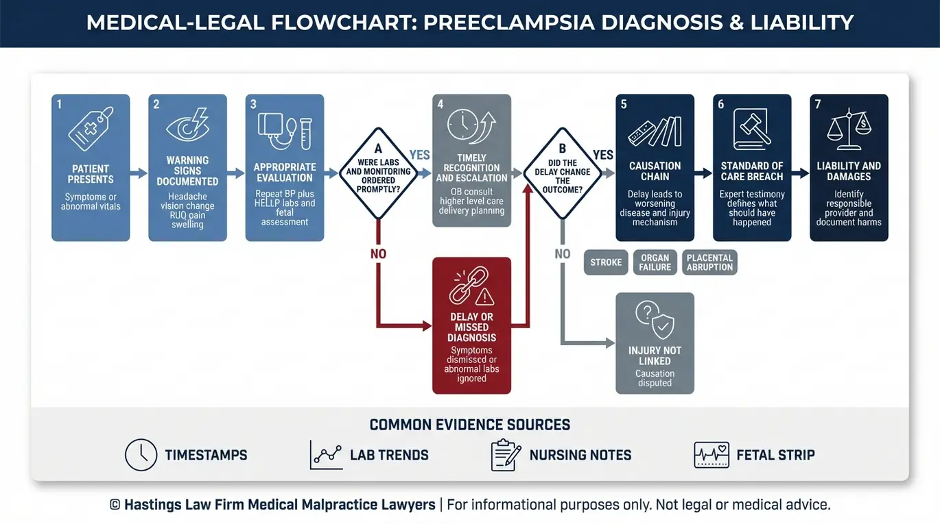 Process flowchart showing how a Texas HELLP Syndrome Malpractice Lawyer proves breach of standard of care causation and liability when HELLP warning signs are missed.