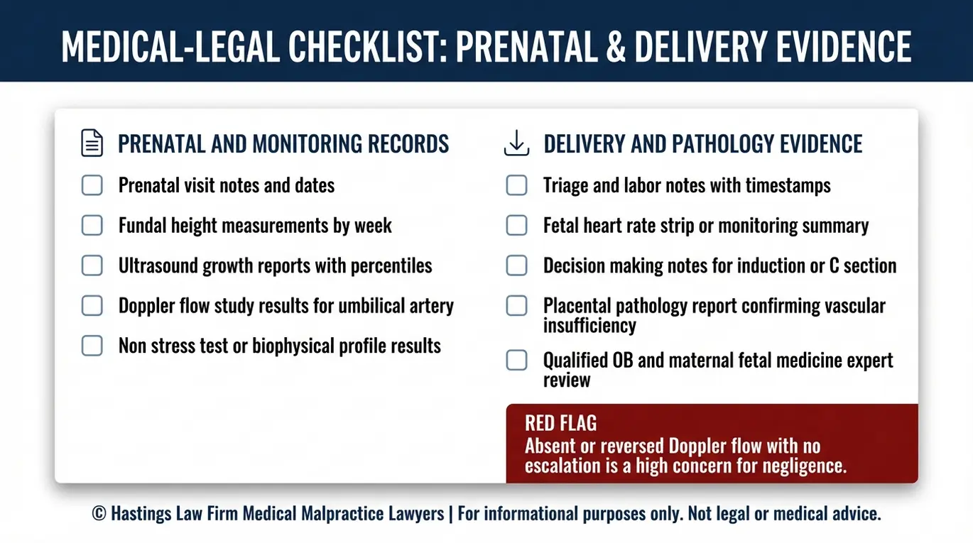 Evidence checklist for proving IUGR medical malpractice including fundal height ultrasound Doppler flow non stress testing fetal monitoring placental pathology and expert review for a Texas Intrauterine Growth Restriction Lawyer case evaluation.