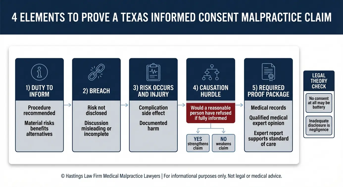 Diagrama de flujo que muestra cómo demostrar un caso de negligencia médica por incumplimiento del consentimiento en el marco del modelo Texas, incluyendo los pasos relativos al incumplimiento del deber, la causalidad del daño y el informe pericial, para una consulta a un abogado sobre la falta de obtención del consentimiento informado según el modelo Texas.