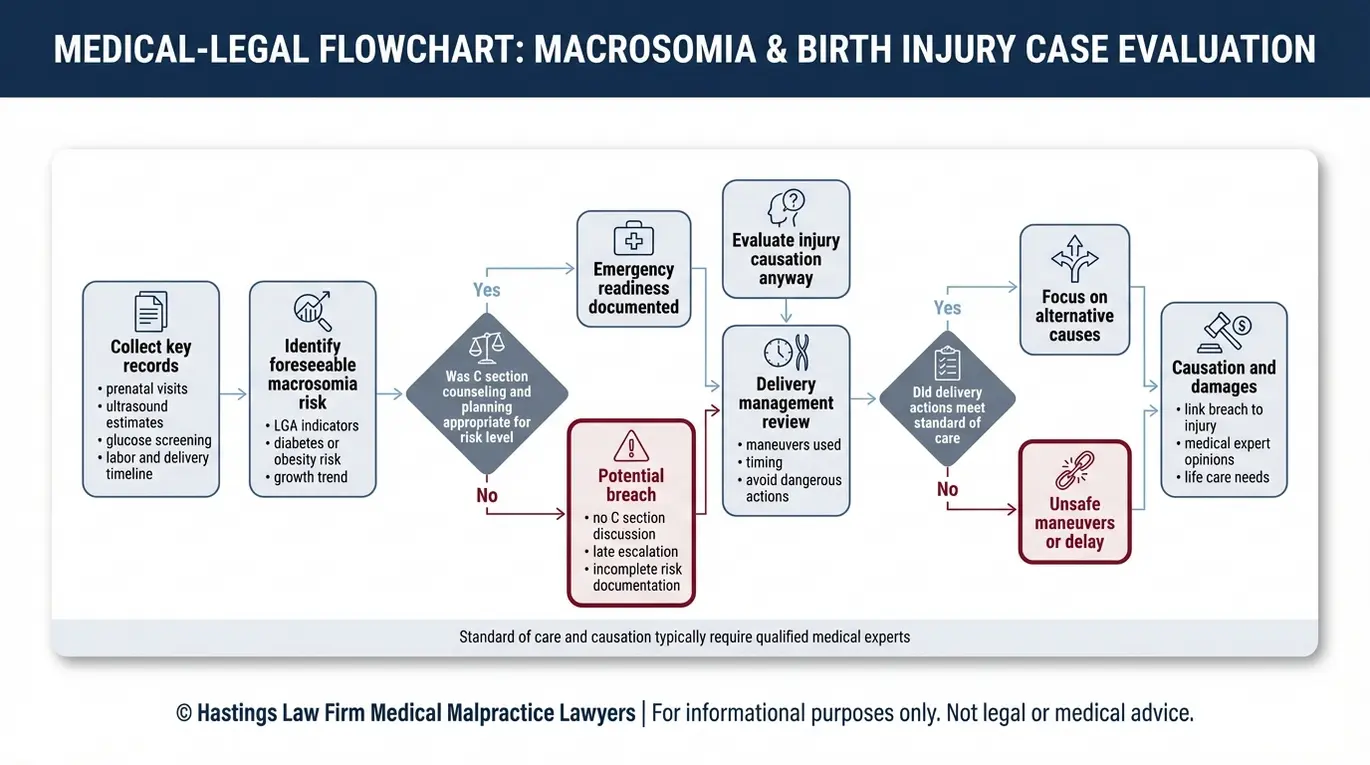 Process flowchart outlining how an Arizona Macrosomia Birth Injury Lawyer proves medical malpractice through records review standard of care decisions about C section delivery management causation and expert evidence.