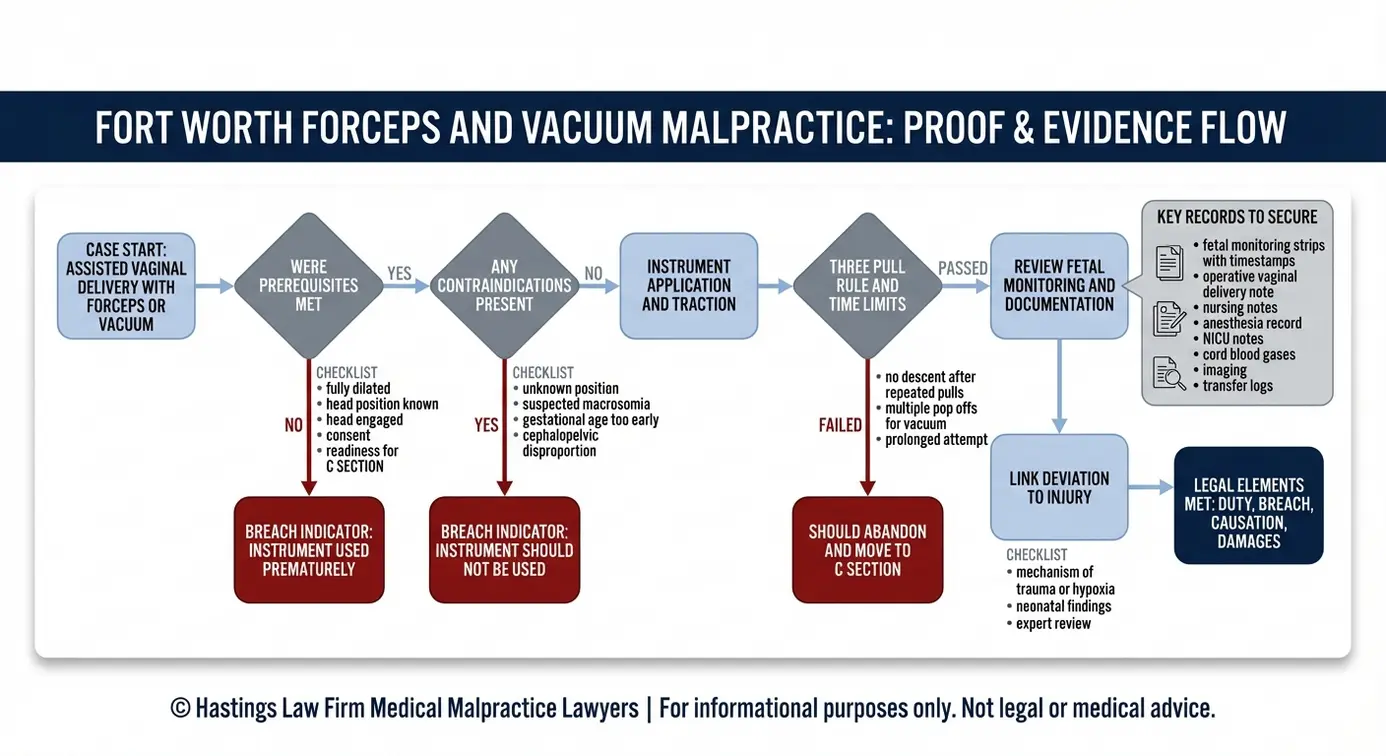 Process flowchart explaining how a Fort Worth Forcep and Vacuum Birth Injury Lawyer proves standard of care breach using prerequisites, contraindications, the three pull rule, and key medical records.