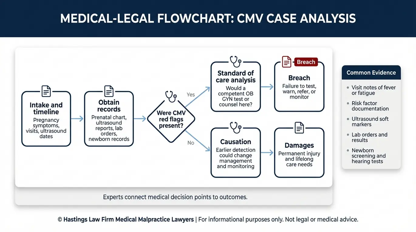 Process flowchart showing how an Arizona Missed Congenital CMV Lawyer proves duty breach causation and damages using prenatal records red flags and expert review.