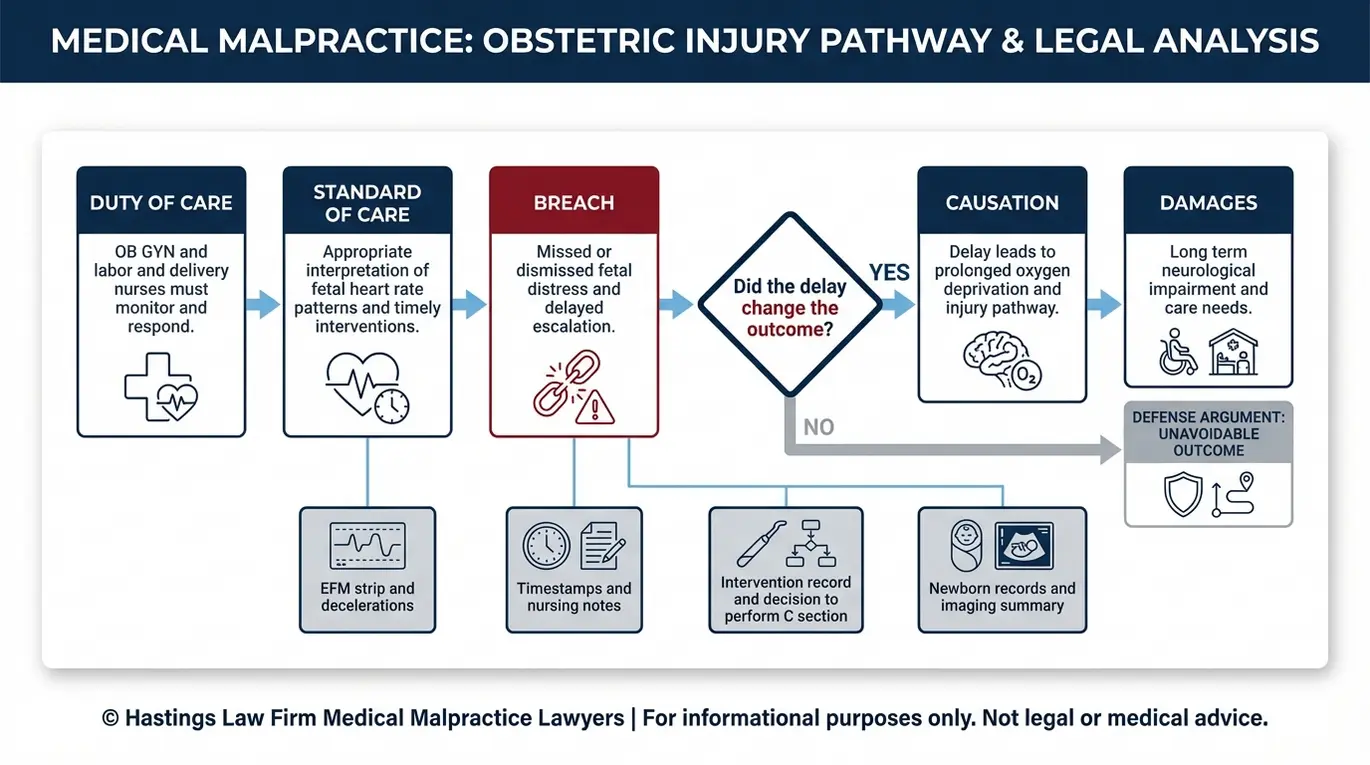 Process flowchart showing how an Arizona Umbilical Cord Entrapment Lawyer proves medical malpractice through duty standard of care breach causation damages and key evidence like EFM strips and timestamps.