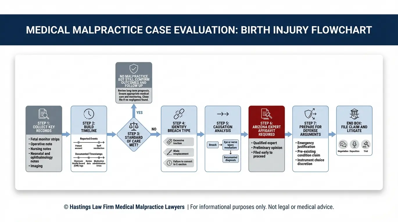 Process flowchart outlining how an Arizona Forceps Eye Birth Injury Lawyer proves standard of care breach causation and the Arizona expert affidavit requirement using medical records.