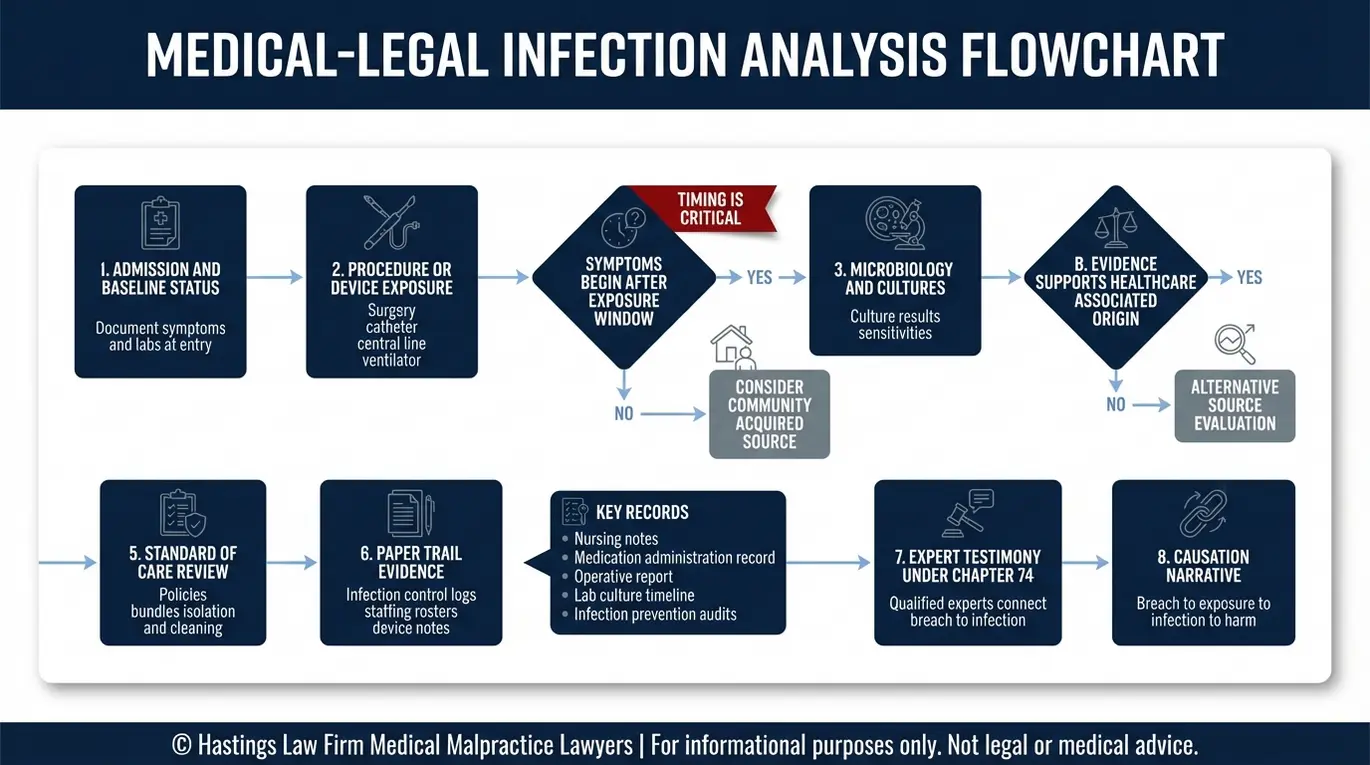 Diagrama de flujo que muestra cómo se demuestra una demanda por negligencia médica relacionada con una infección, desde la cronología de los síntomas y los cultivos hasta la revisión de los estándares de atención y el testimonio de los expertos, para un abogado especializado en infecciones hospitalarias de Texas.