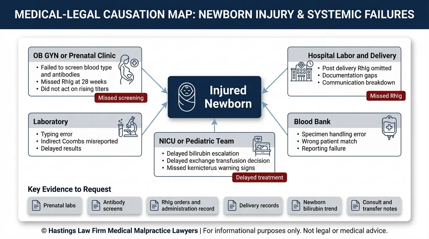 Entity relationship map linking OB GYN hospital lab blood bank and NICU roles to common failures and evidence items in a case reviewed by an Arizona Rh Incompatibility Birth Injury Lawyer.