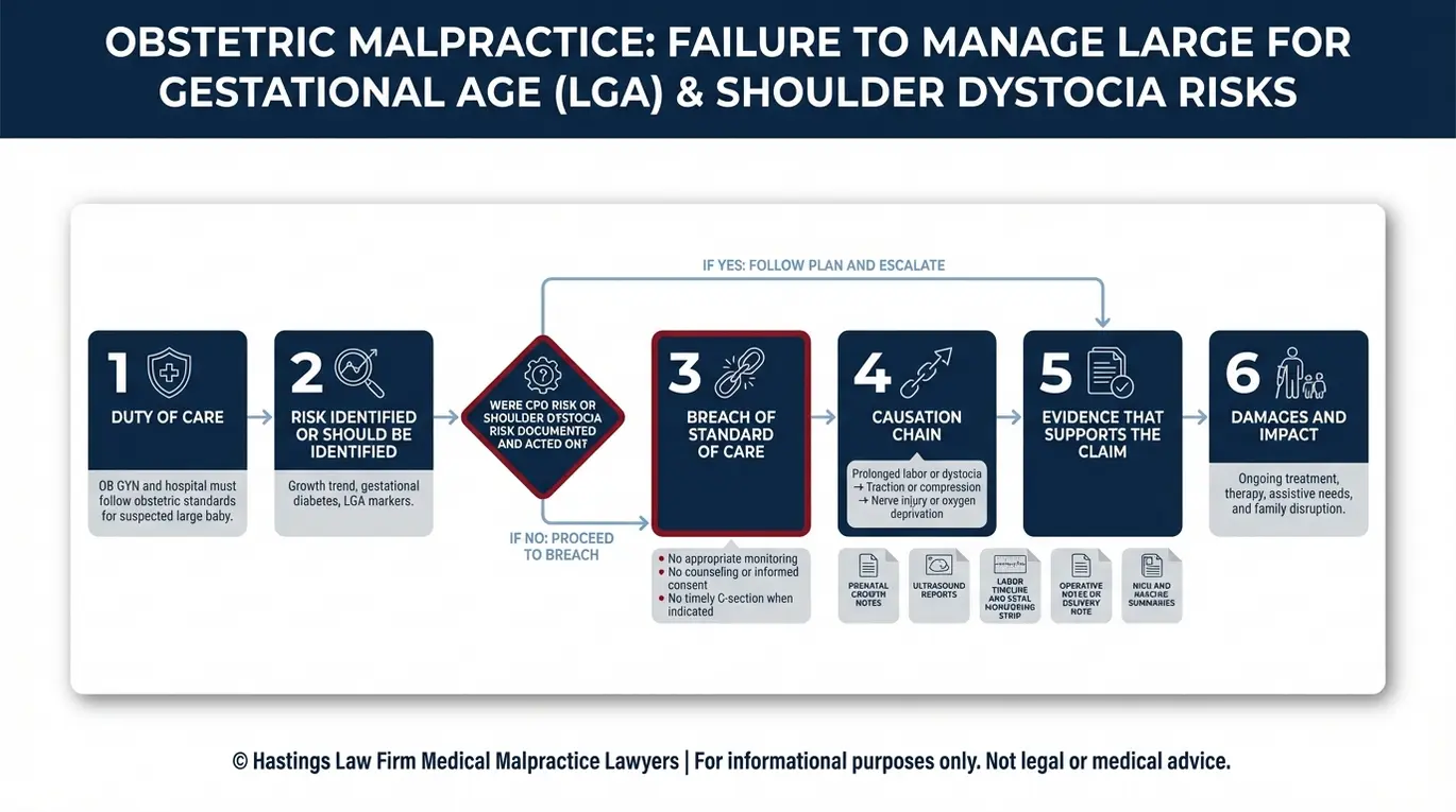 Process flowchart showing how a Texas Macrosomia Birth Injury Lawyer proves medical malpractice using standard of care breach causation damages and key medical records such as ultrasound reports fetal monitoring and delivery notes.