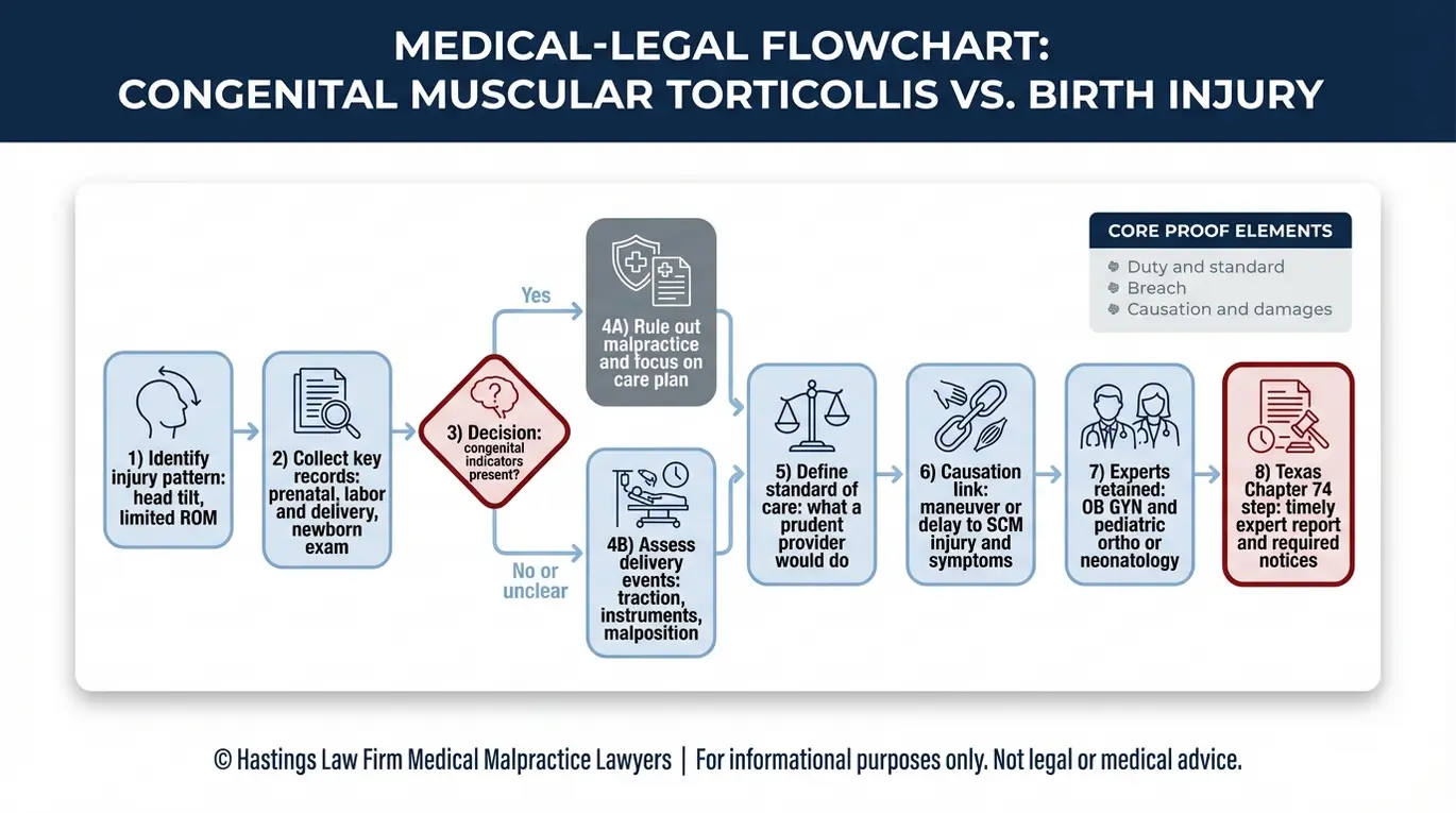 Diagrama de flujo del proceso que muestra cómo un Texas Torticollis & Wry Neck Lawyer prueba la negligencia médica mediante la revisión de registros, el análisis de la norma de atención, la causalidad, los expertos y los pasos del Capítulo 74.