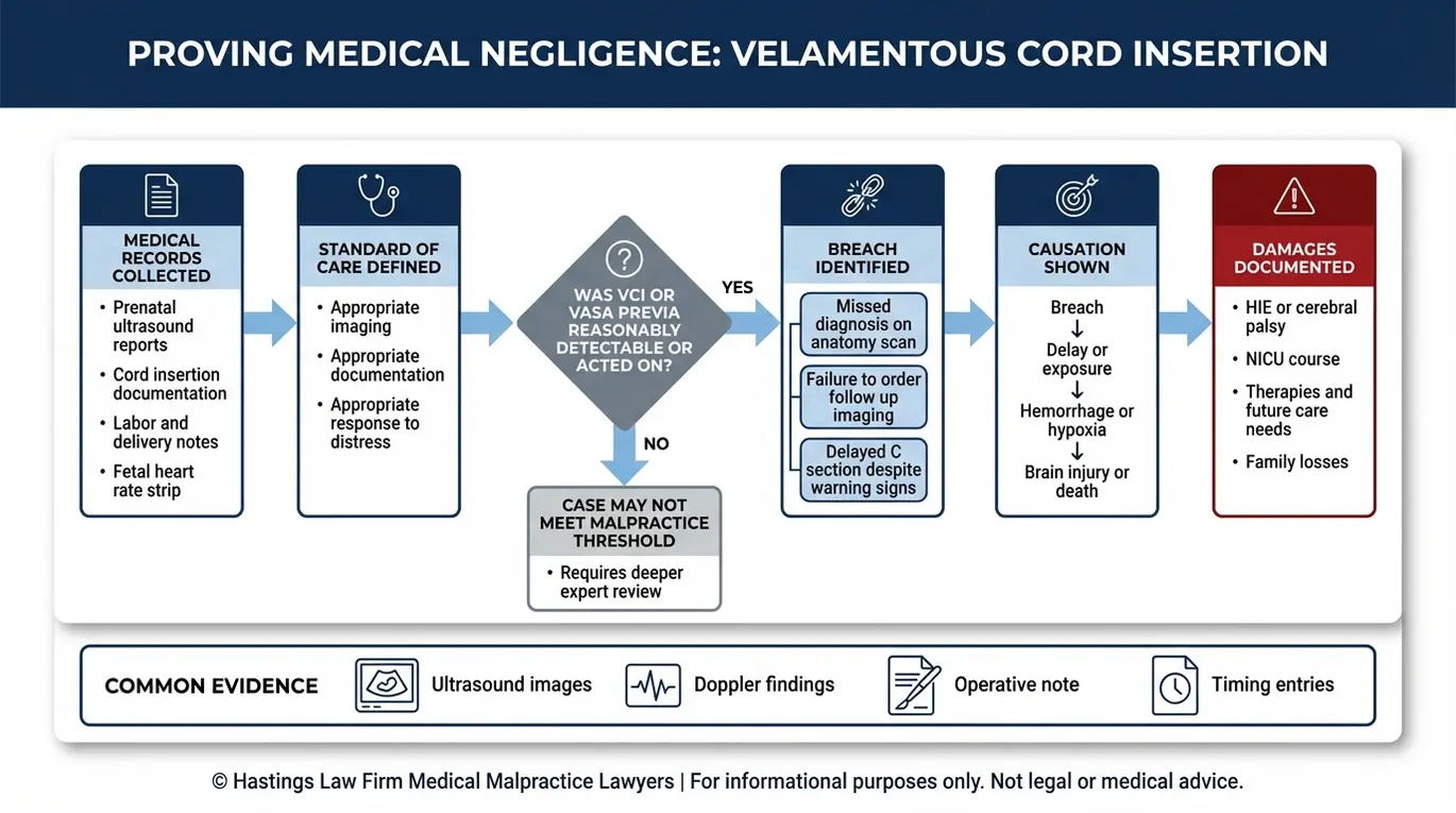 Process flowchart showing how a Texas Velamentous Cord Insertion Error Lawyer proves standard of care breach causation and damages using ultrasound fetal monitoring records and expert review.