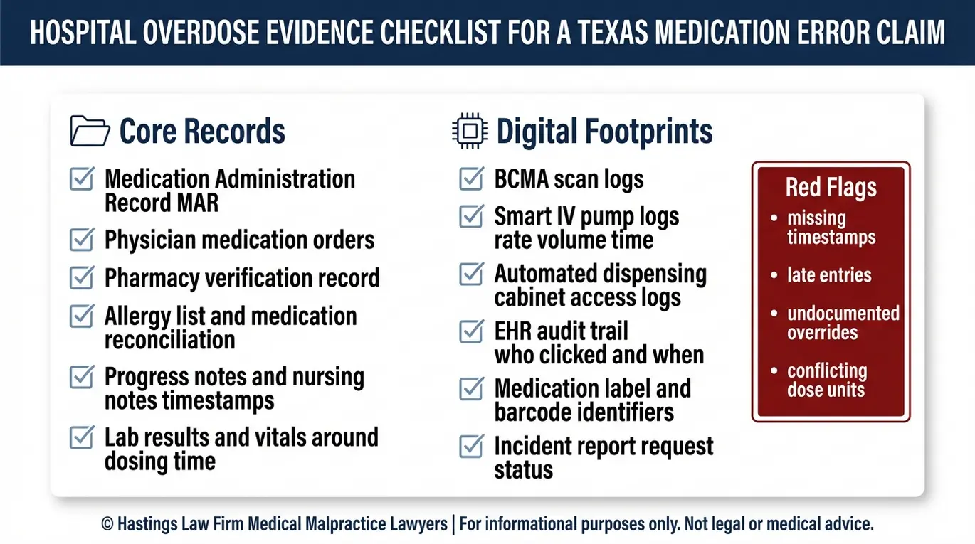 Lista de verificación de pruebas de MAR, registros de farmacia, BCMA y datos de bombas intravenosas que utiliza un abogado especializado en sobredosis de medicamentos en el ámbito hospitalario (Texas) para demostrar la negligencia.