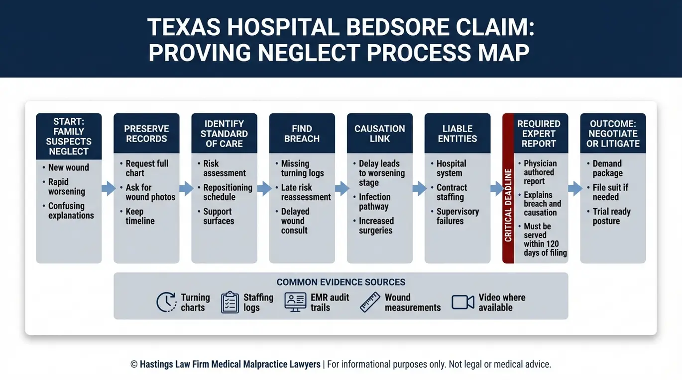Diagrama de flujo que describe los pasos para demostrar la negligencia médica en casos de úlceras por presión hospitalarias en el marco del modelo Texas, incluyendo la conservación de registros, el incumplimiento de la norma de atención, la causalidad, las entidades responsables y el informe pericial del Capítulo 74 para un abogado especializado en úlceras por presión hospitalarias según el modelo Texas.