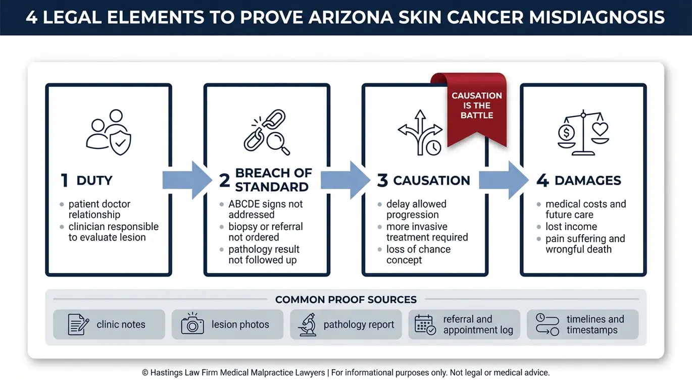 Diagrama de flujo que muestra la relación de causalidad entre el incumplimiento del deber y los daños y perjuicios en una demanda por negligencia médica presentada ante un abogado especializado en casos de diagnóstico erróneo de cáncer de piel en Arizona.