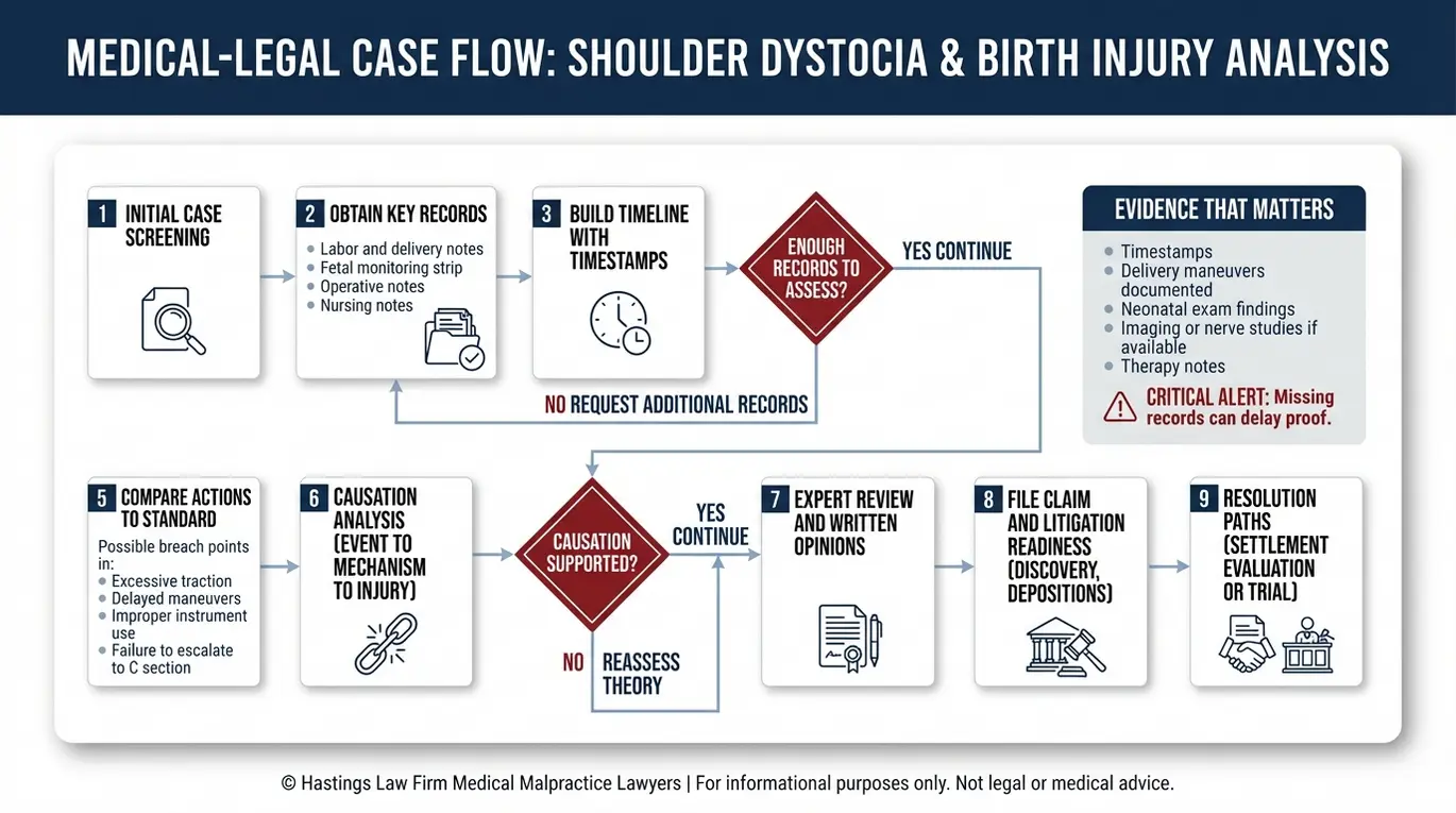 Diagrama de flujo que muestra cómo un abogado especializado en lesiones del plexo braquial en Houston demuestra la negligencia médica utilizando el historial médico, la cronología de los hechos, el incumplimiento del estándar de atención, la causalidad, el dictamen de un perito y los pasos para la resolución del caso.