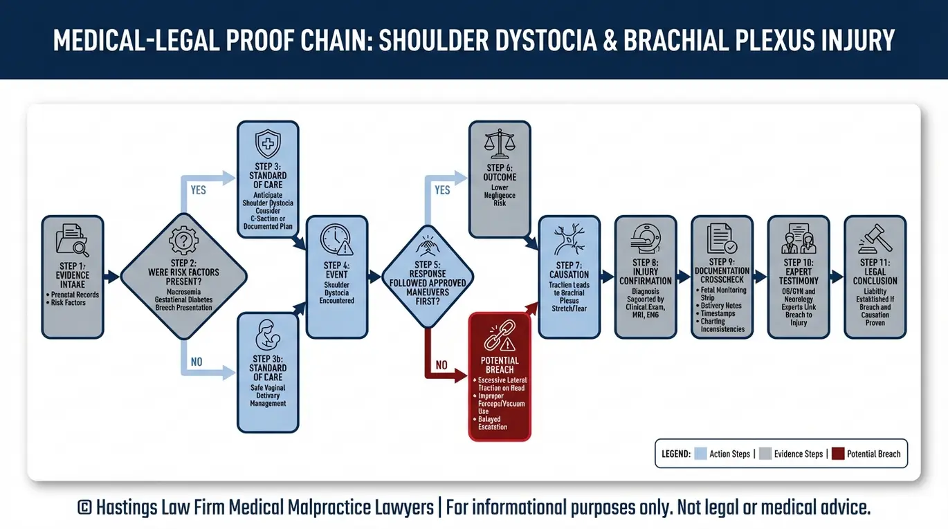 Process flowchart showing how a Texas Erb's Palsy Injury Lawyer proves standard of care breach causation and liability from risk factors through shoulder dystocia response documentation and expert testimony.