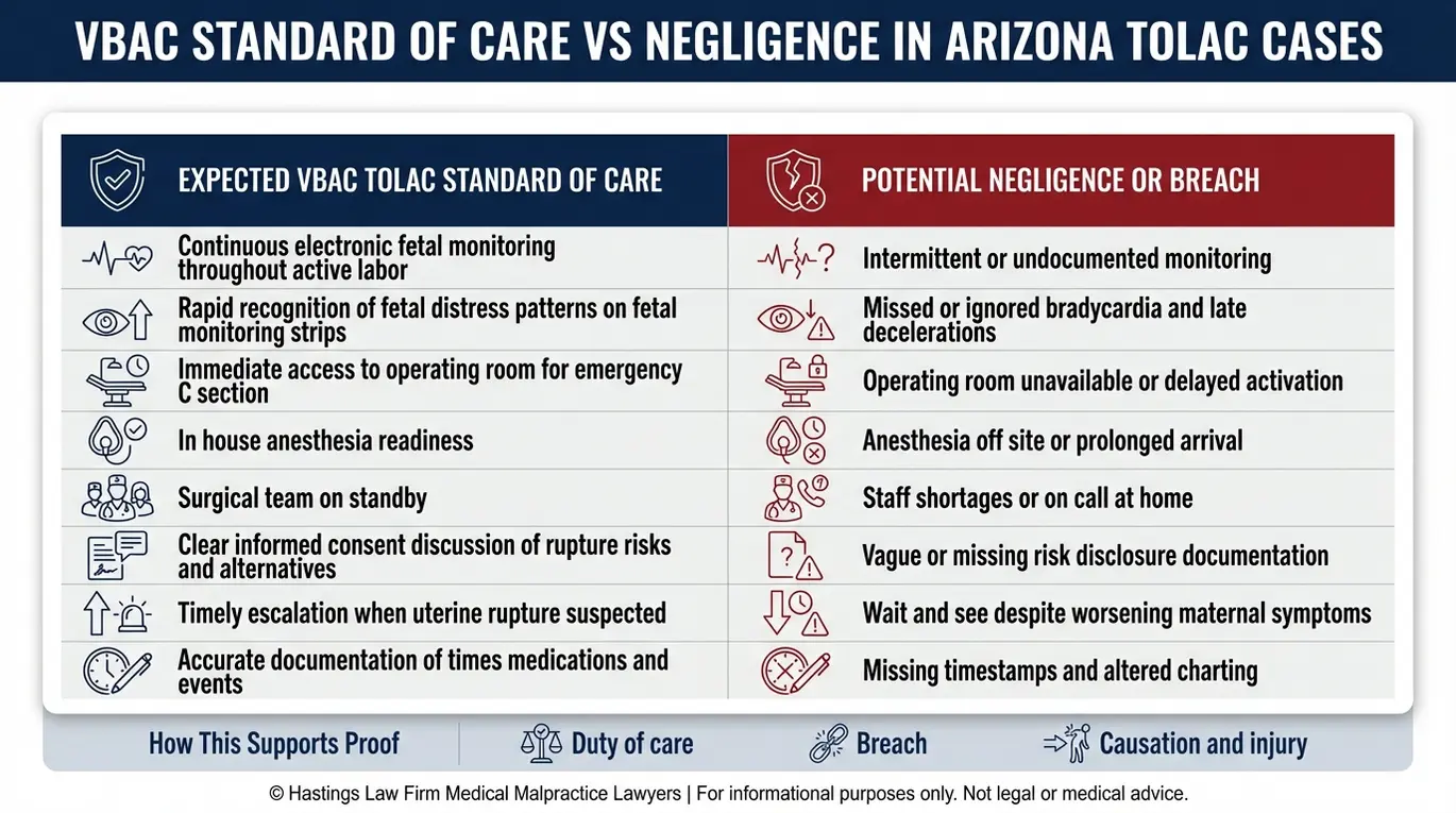 Comparison table showing Arizona VBAC Complications Lawyer guidance on TOLAC standard of care versus negligent actions like missed fetal monitoring and delayed emergency C section response.