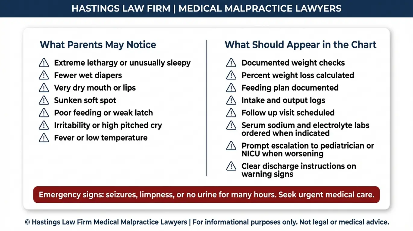 Checklist of hypernatremic dehydration red flags for infants and the medical chart documentation a Texas Hypernatremic Dehydration Lawyer looks for including weight loss tracking wet diapers and serum sodium labs.