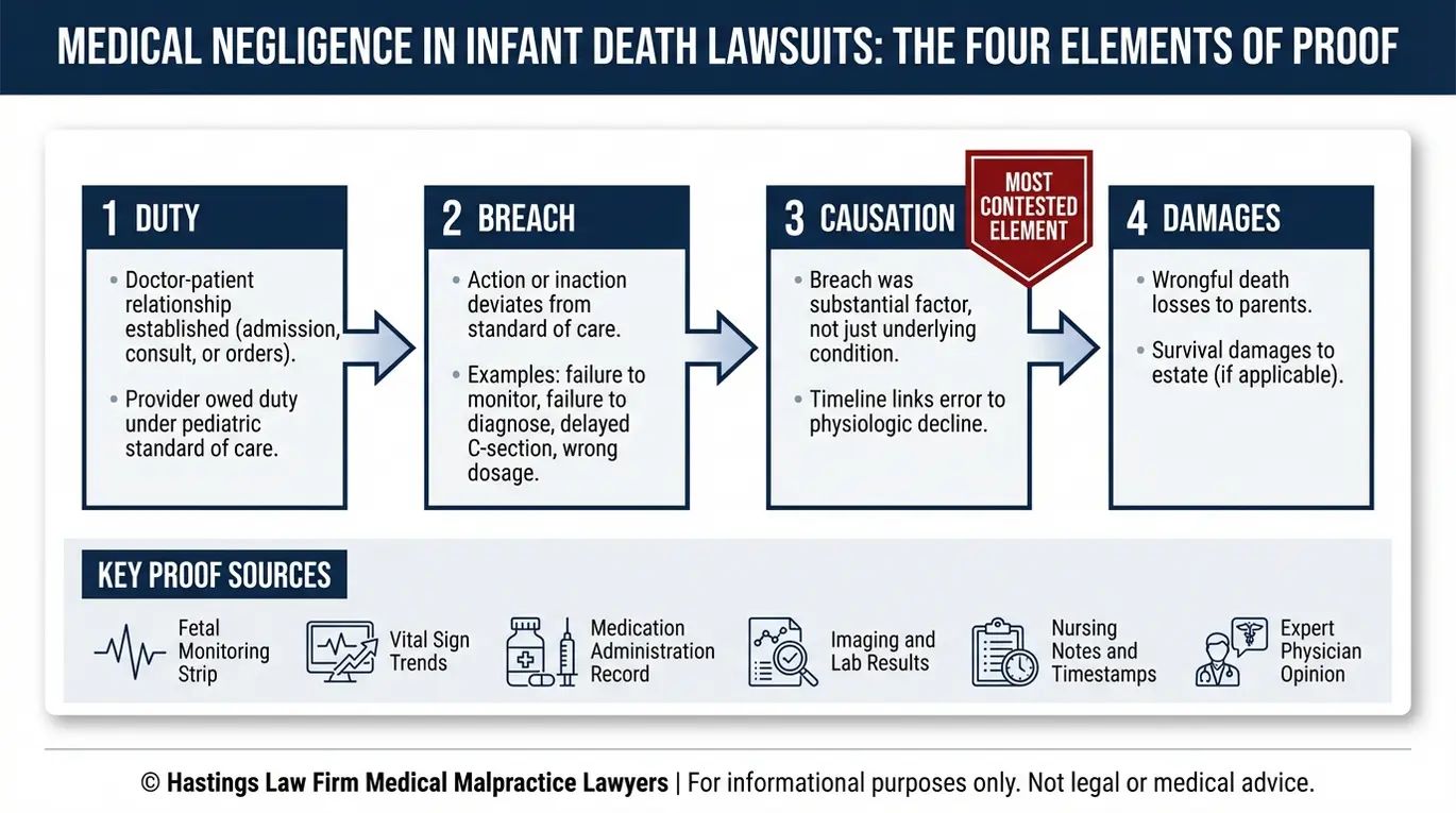 Flowchart showing how a Texas Infant Wrongful Death Lawyer proves duty breach causation and damages with key medical record evidence and expert opinions.
