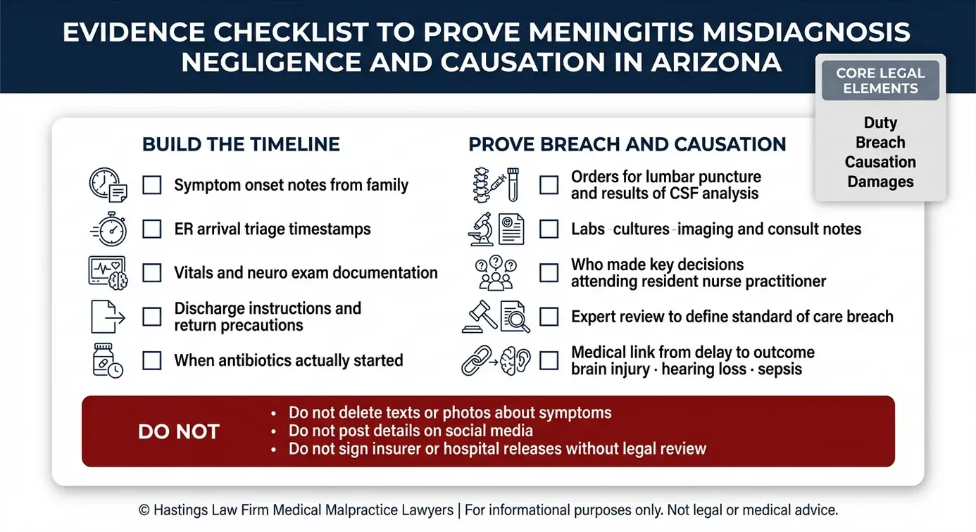 Lista de verificación de los elementos del cronograma de registros y las advertencias de «no hacer» que utiliza un abogado especializado en casos de diagnóstico erróneo de meningitis en Arizona para demostrar la negligencia, la ruptura del nexo causal y los daños y perjuicios tras un diagnóstico tardío.