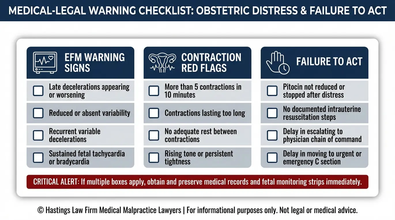 Lista de verificación de señales de alerta en la monitorización fetal y las contracciones, además de indicadores de falta de actuación, utilizada por un abogado especializado en negligencia por uso excesivo de Pitocin en Arizona para evaluar posibles casos de negligencia relacionados con el Pitocin.