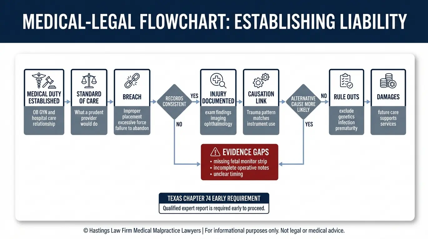 Process flowchart showing how a Texas Forceps Eye Birth Injury Lawyer proves standard of care breach causation and damages in an infant eye injury malpractice case.