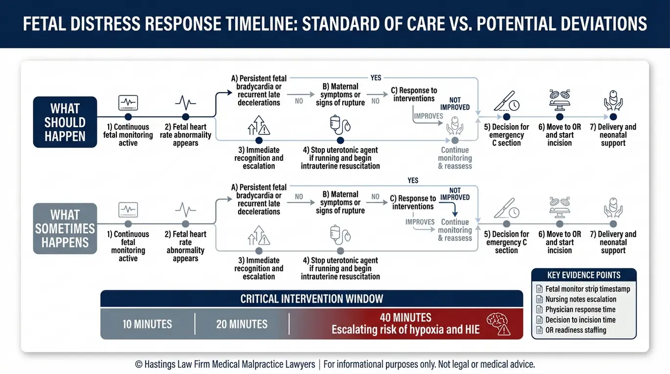 Process flowchart for an Arizona Uterine Rupture Lawyer illustrating fetal heart rate distress recognition, decision to emergency C section steps, and the critical 10 to 40 minute intervention window linked to hypoxia.